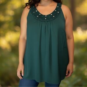Lane Bryant sleeveless emerald green ruffle rhinestone scoop neckline